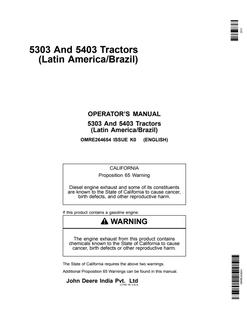 John Deere 5303; 5403 Tractor Operator manual OMRE264654 — actual manual cover