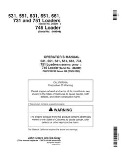 John Deere 531; 551; 631; 651; 661; 731; 751; 746 Loader Operator manual OMCC58296 — actual manual cover