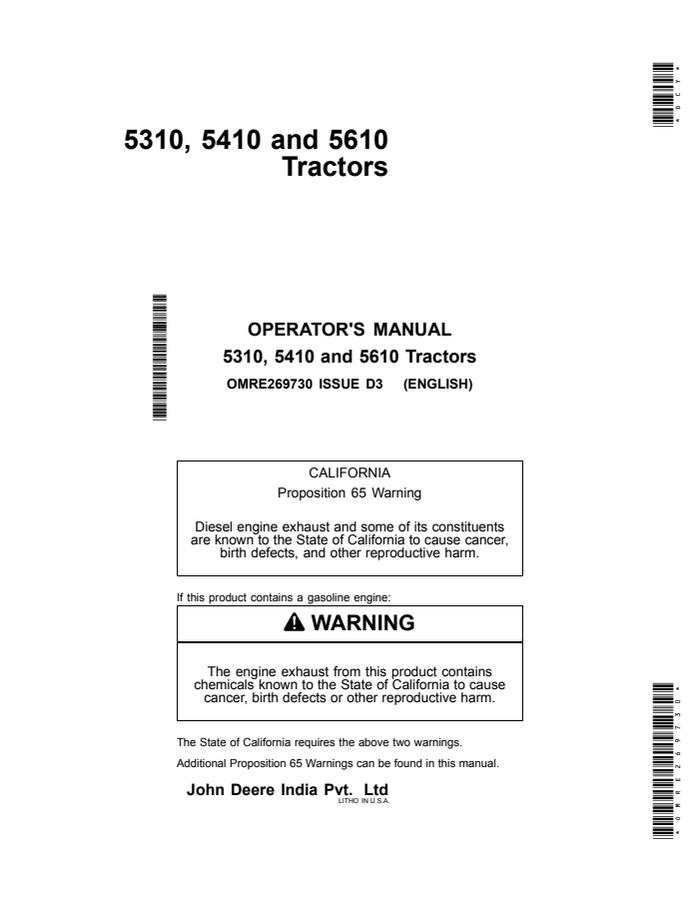 John Deere 5310; 5410; 5610 Tractor Operator manual OMRE269730 — actual manual cover