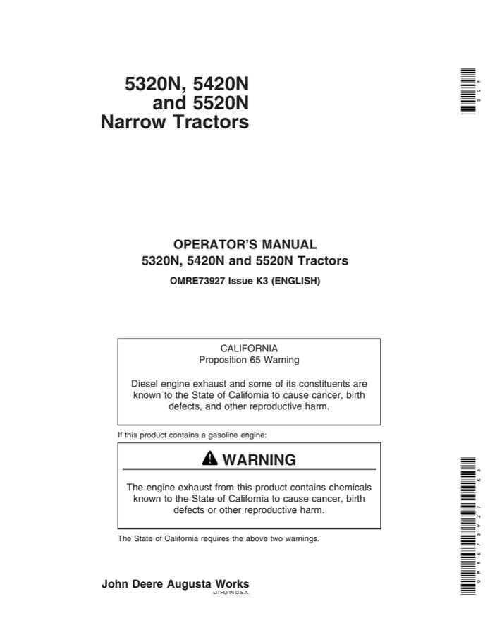John Deere 5320N; 5420N; 5520N Tractor Operator manual OMRE73927 — actual manual cover