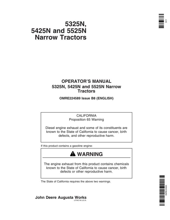 John Deere 5325N; 5425N; 5525N Tractor Operator manual OMRE224589 — actual manual cover