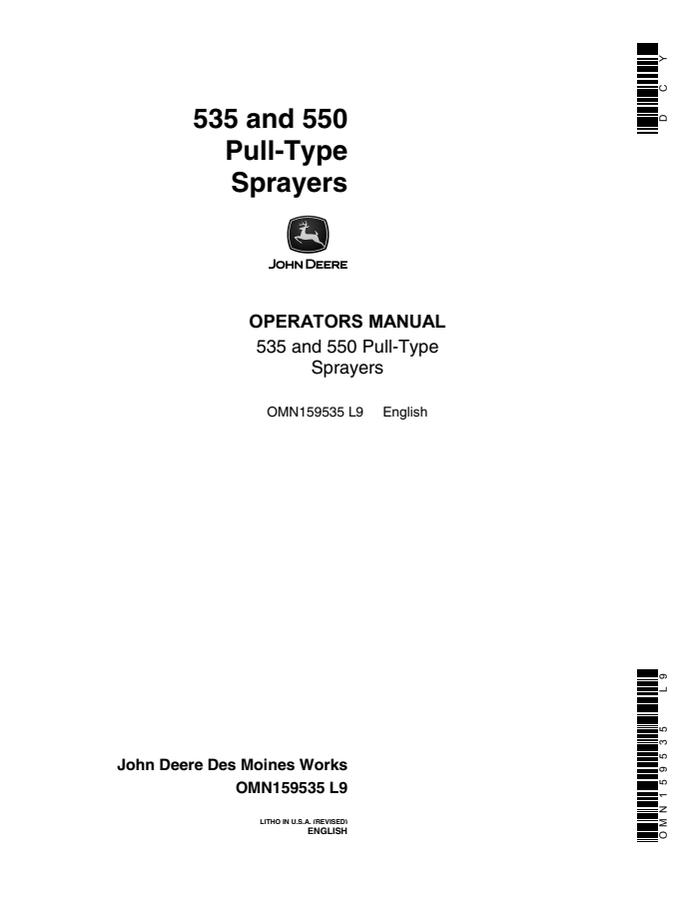 John Deere 535; 550 Pull-Type Sprayer Operator manual OMN159535 — actual manual cover
