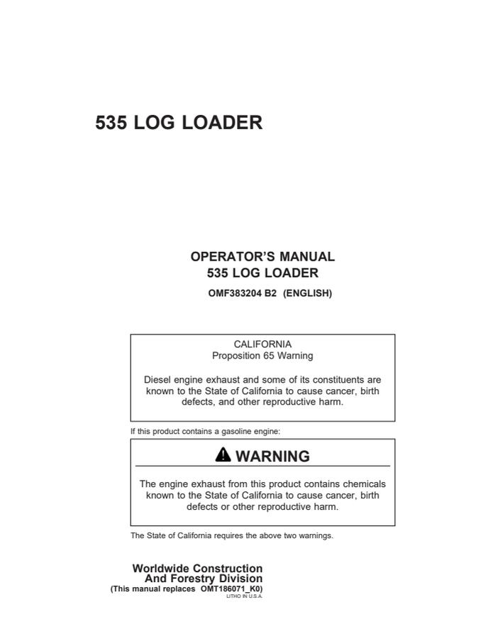 John Deere 535 Log loader Operator manual OMF383204 — actual manual cover