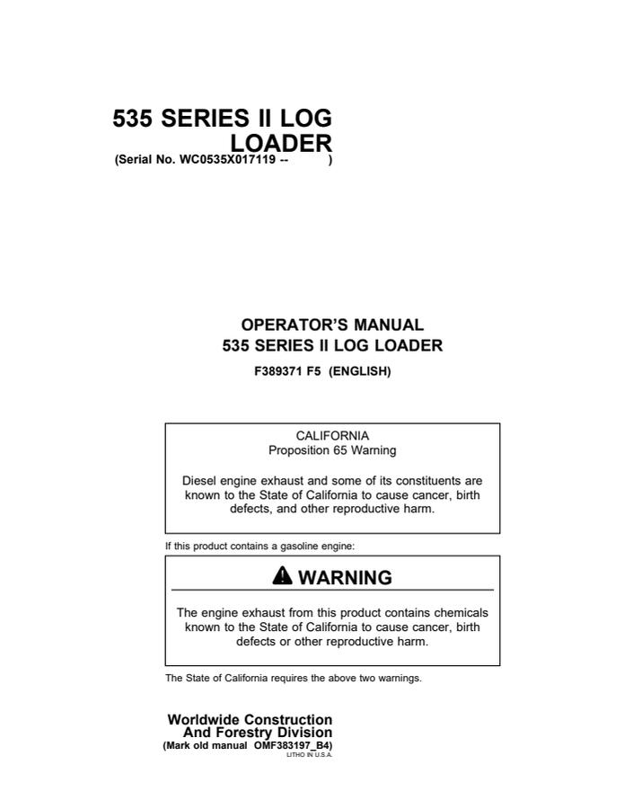 John Deere 535 Series II Log loader Operator manual F389371 — actual manual cover