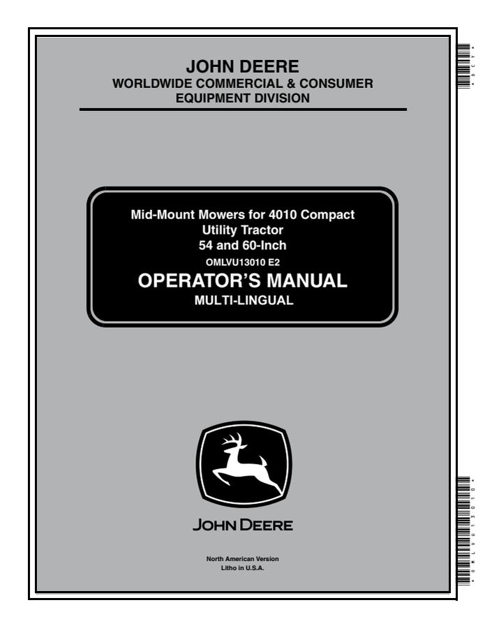 John Deere 54/60-inch Mid-mount mower Operator manual OMLVU13010 — actual manual cover