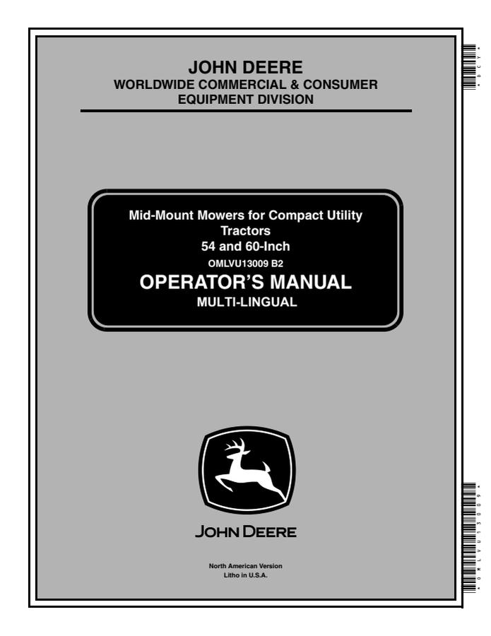 John Deere 54-inch; 60-inch Mid-mount mower Operator manual OMLVU13009 — actual manual cover