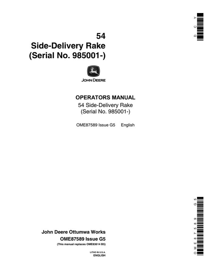 John Deere 54 Side-Delivery Rake Operator's Manual OME87589 — actual manual cover