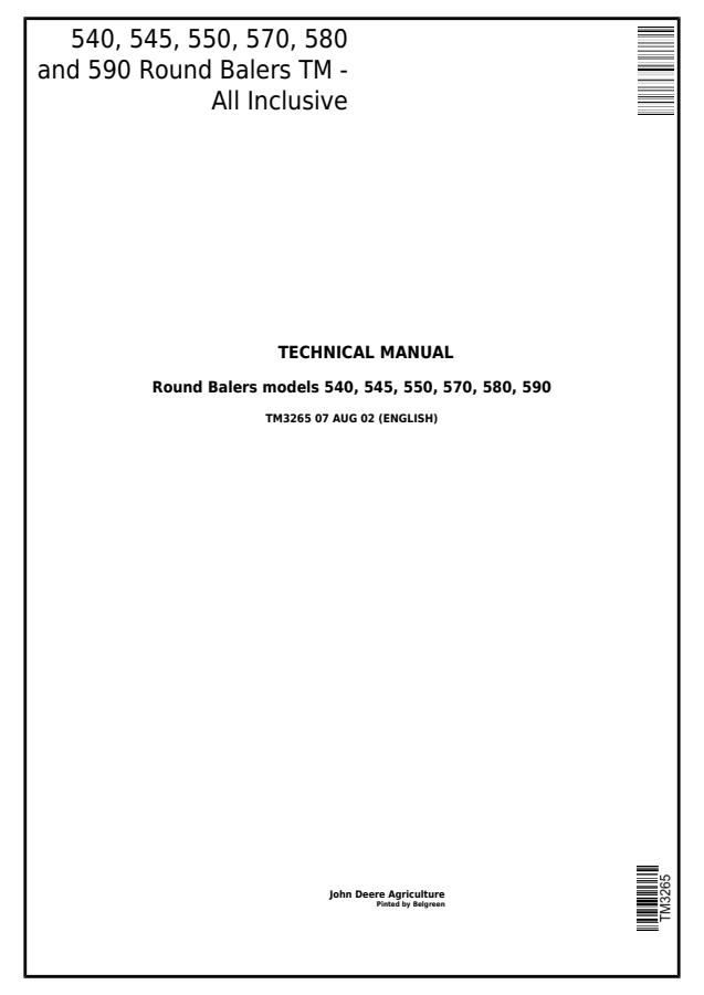 John Deere 540, 545, 550, 570, 580, 590 Round Balers Technical Manual TM3265 — actual manual cover