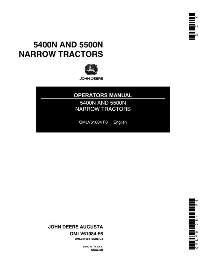 John Deere 5400N; 5500N Tractor Operator manual OMLV61084 — actual manual cover