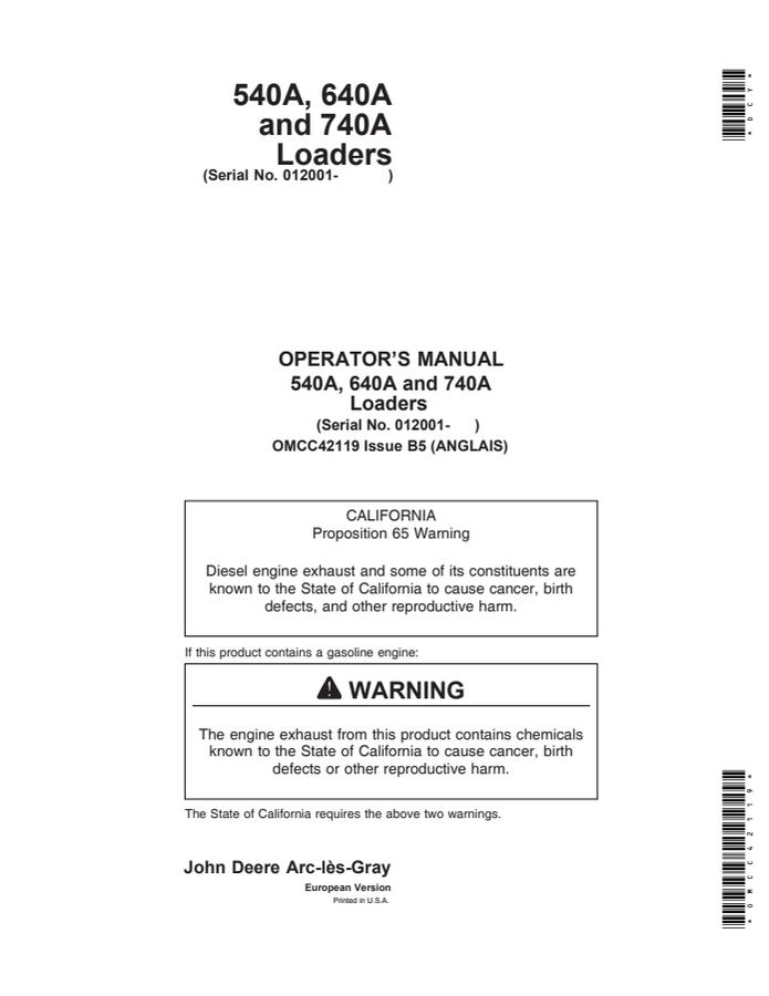 John Deere 540A; 640A; 740A Loader Operator manual OMCC42119 — actual manual cover