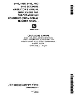 John Deere 540E, 548E, 640E, 648E Forestry skidder Operator manual supplement OMT154925 — actual manual cover