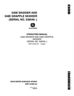 John Deere 540E; 548E Grapple Skidder Skidder Operator manual OMT147820 — actual manual cover