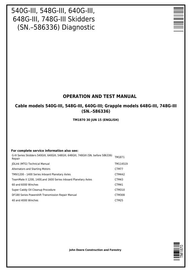 John Deere 540G-3, 548G-3, 640G-3, 648G-3, 748G-3 Skidder Diagnostic and Operation Test Manual TM1870 — actual manual cover