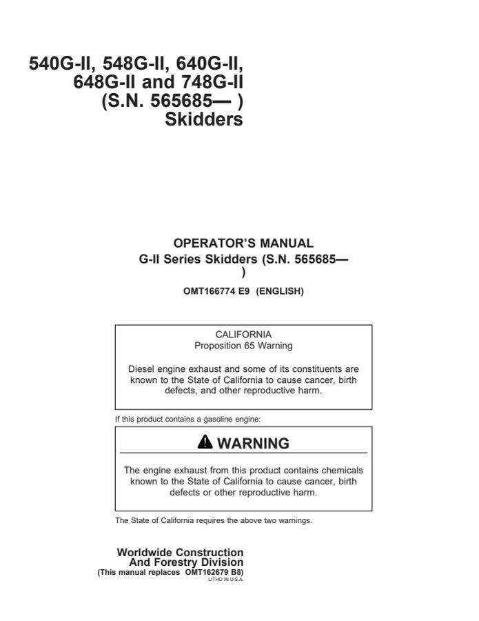 John Deere 540G-II; 548G-II; 640G-II; 648G-II; 748G-II Skidder Operator manual OMT166774 — actual manual cover