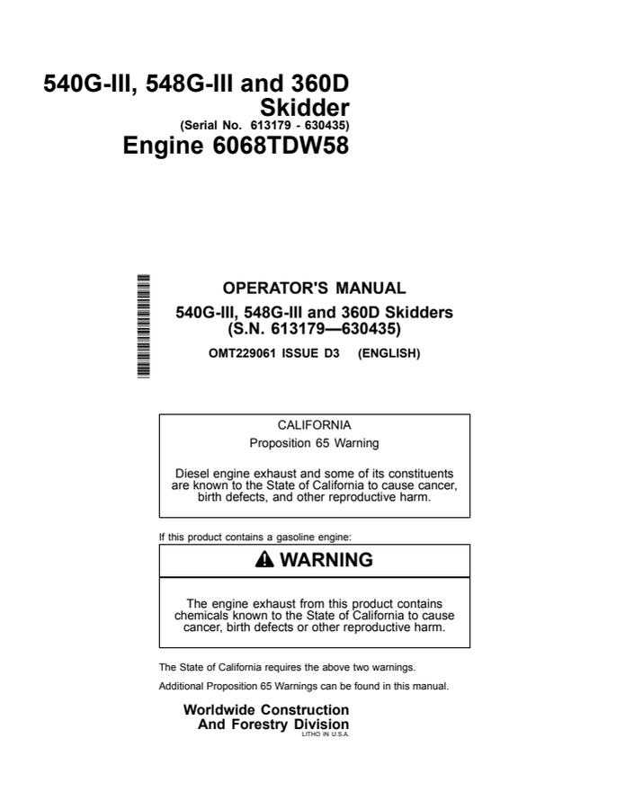 John Deere 540G-III; 548G-III; 360D Skidder Operator manual OMT229061 — actual manual cover