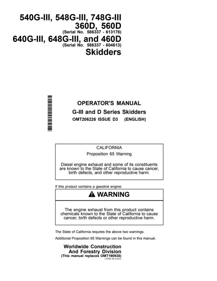 John Deere 540G-III, 548G-III, 748G-III, 360D, 560D, 640G-III, 648G-III and 460D Skidder Operator manual OMT206226 — actual manual cover