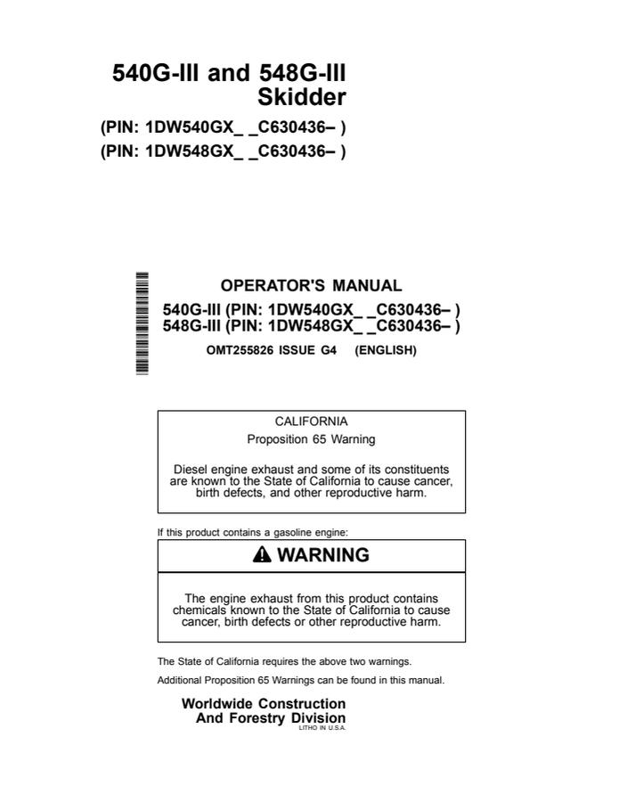 John Deere 540G-III; 548G-III Skidder Operator manual OMT255826 — actual manual cover