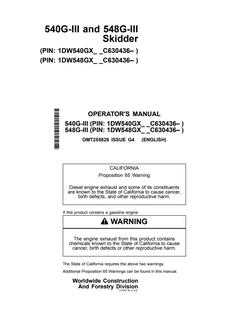 John Deere 540G-III; 548G-III Skidder Operator manual OMT255826 — actual manual cover