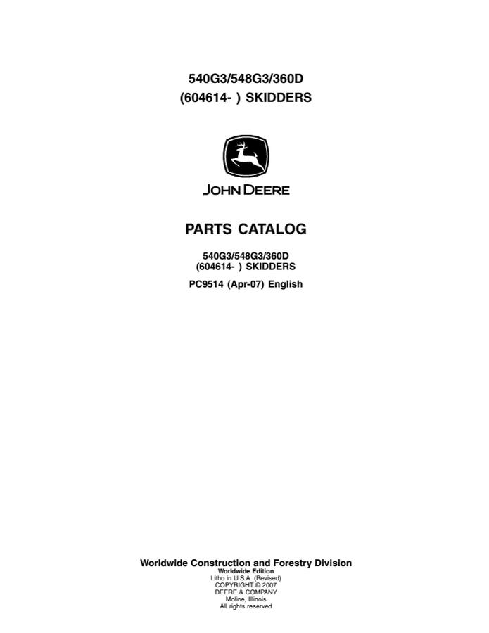John Deere 540G3, 548G3, 360D Skidder Parts catalog PC9514 — actual manual cover