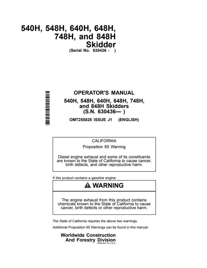 John Deere 540H; 548H; 640H; 648H; 748H; 848H Skidder Operator manual OMT255825 — actual manual cover