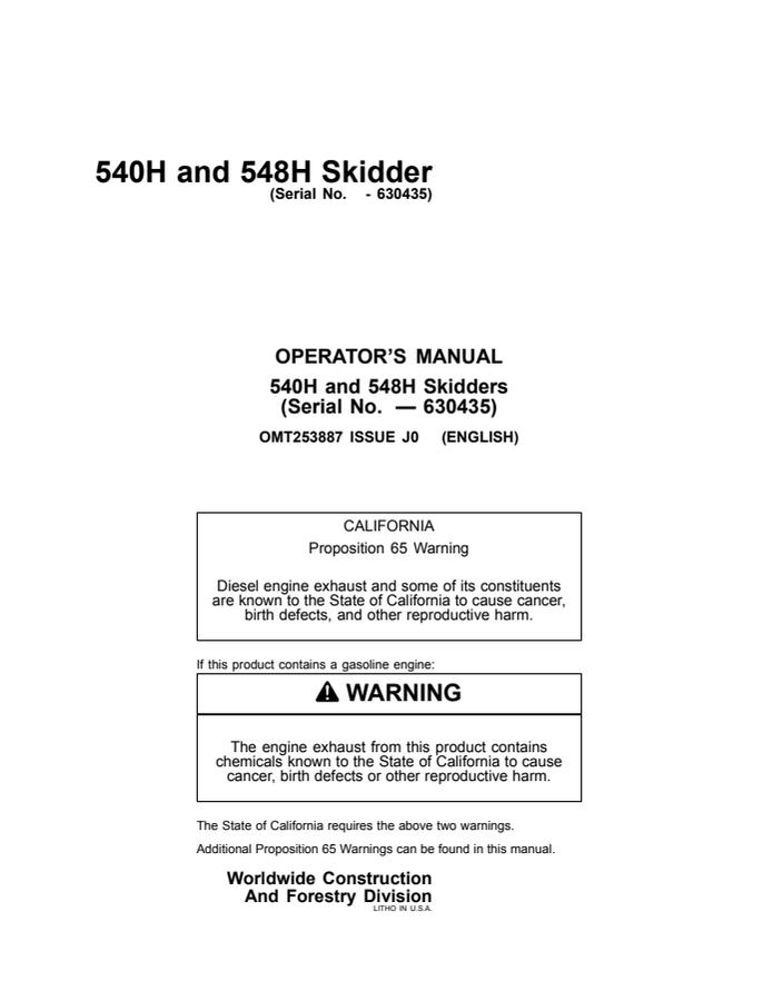 John Deere 540H; 548H Skidder Operator manual OMT253887 — actual manual cover