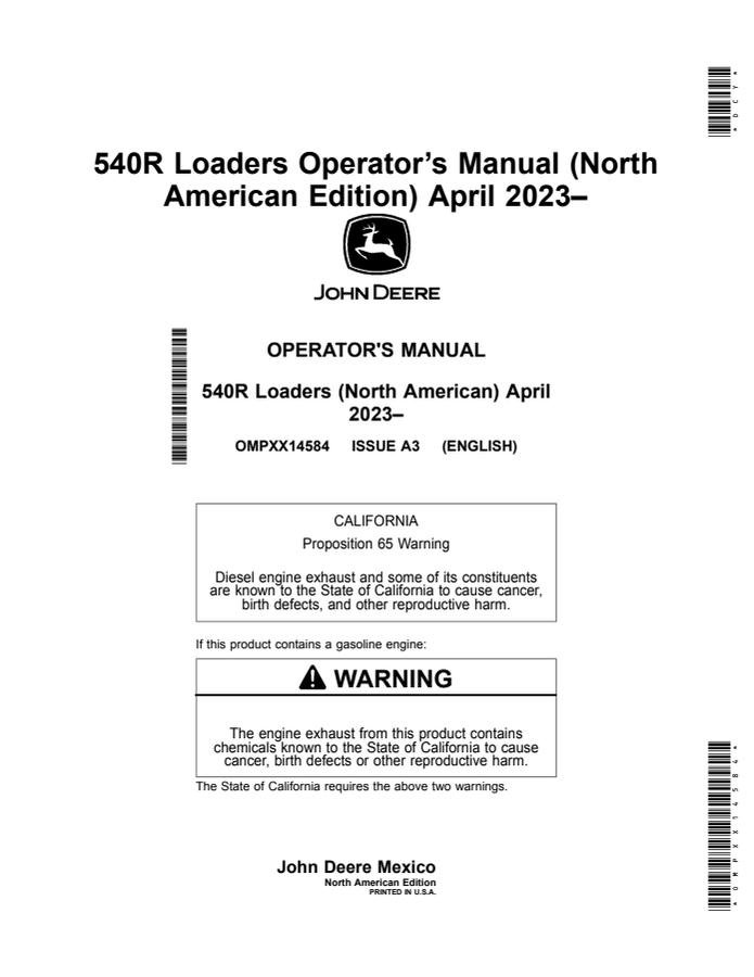 John Deere 540R Loader Operator manual OMPXX14584 — actual manual cover