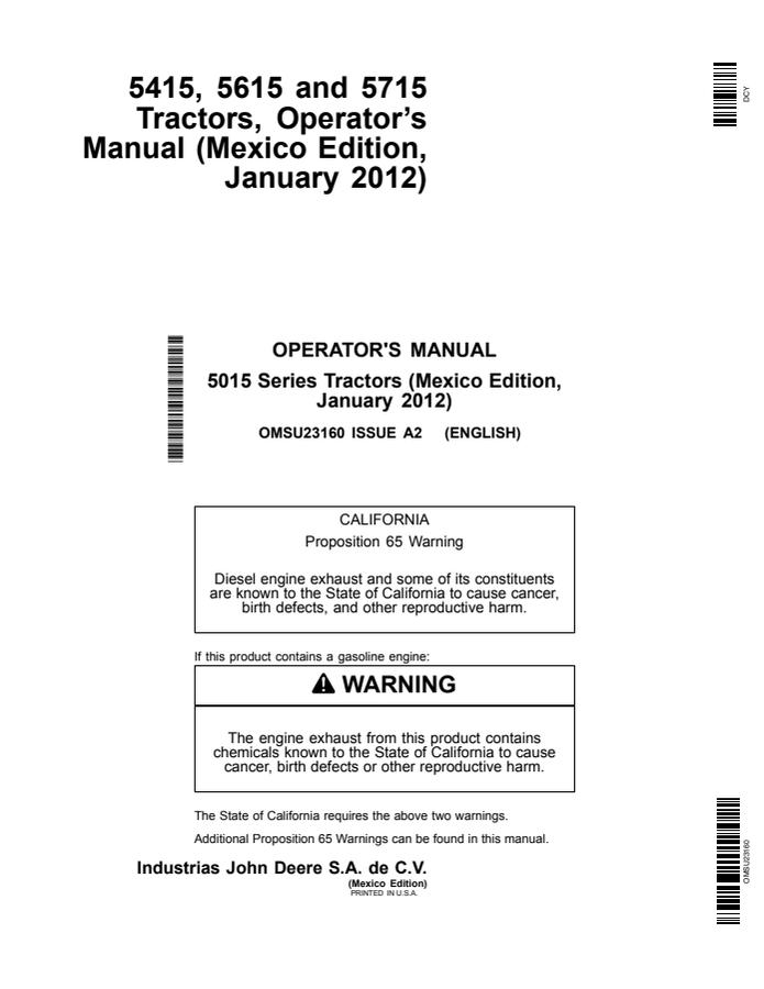 John Deere 5415; 5615; 5715 (5015 Series) Tractor Operator manual OMSU23160 — actual manual cover