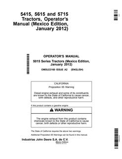 John Deere 5415; 5615; 5715 (5015 Series) Tractor Operator manual OMSU23160 — actual manual cover