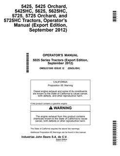 John Deere 5425; 5425 Orchard; 5425HC; 5625; 5625HC; 5725; 5725 Orchard; 5725HC Tractor Operator manual OMSU21580 — actual manual cover
