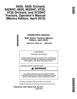 John Deere 5425, 5425 Orchard, 5425HC, 5625, 5625HC, 5725, 5725 Orchard, 5725HC Tractor Operator's manual OMP72191 — actual manual cover