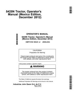 John Deere 5425N Tractor Operator manual OMP72190 — actual manual cover
