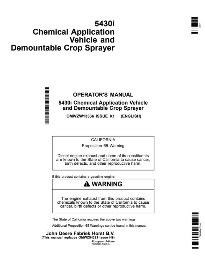 John Deere 5430i Chemical Application Vehicle; Demountable Crop Sprayer Sprayer Operator manual OMWZW13336 — actual manual cover