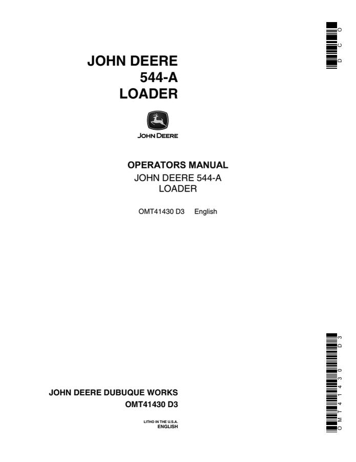 John Deere 544-A Loader Operator manual OMT41430 — actual manual cover