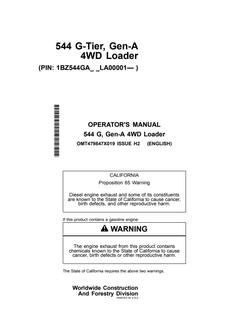 John Deere 544 G-Tier, Gen-A 4WD loader Operator manual OMT479847X019 — actual manual cover