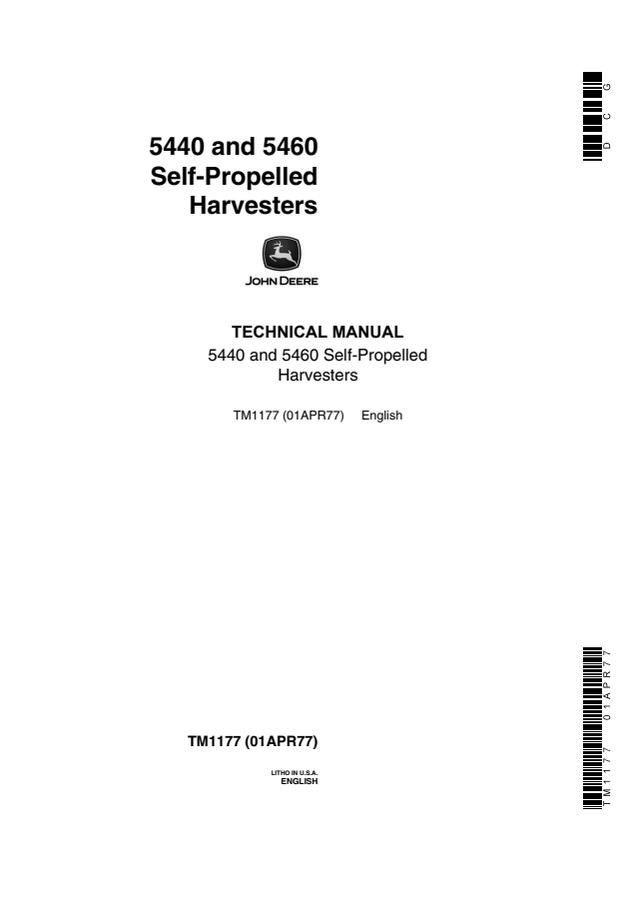 John Deere 5440, 5460 Self-Propelled Harvester Technical Manual TM1177 — actual manual cover