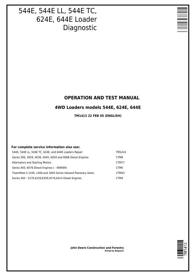 John Deere 544E, 544E LL, 544E TC, 624E, 644E Loader Operation and test manual TM1413 — actual manual cover