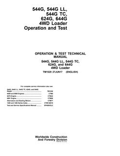 John Deere 544G, 544G LL, 544G TC, 624G, 644G 4WD Loader Operation and Test Technical Manual TM1529 — actual manual cover