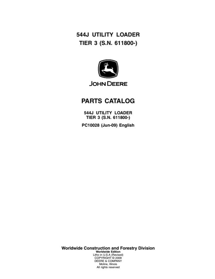 John Deere 544J Tier 3, serial 611800 and later Utility loader Parts catalog PC10028 — actual manual cover