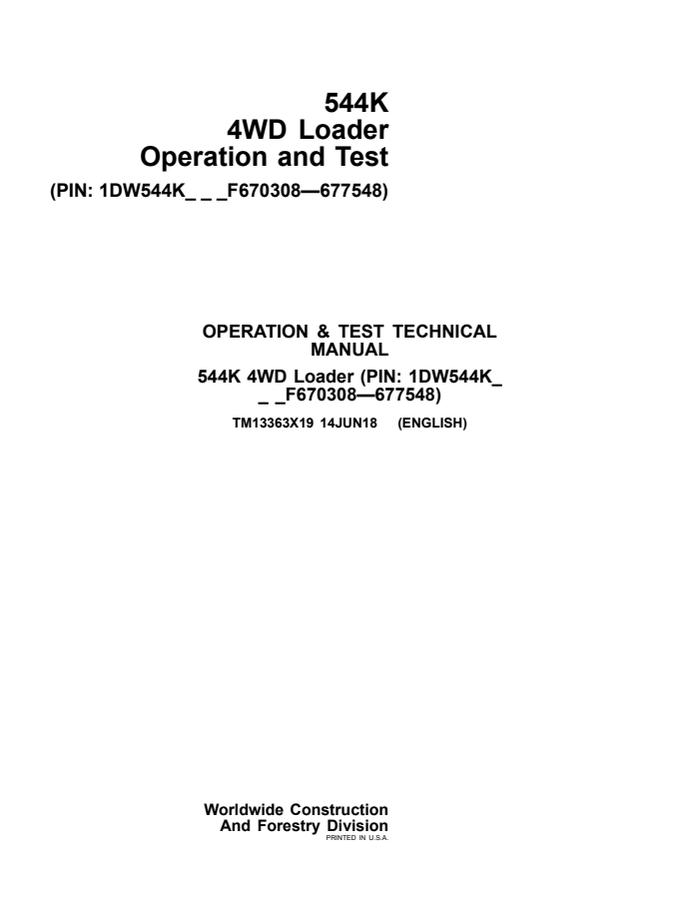 John Deere 544K 4WD Loader Operation and Test Technical Manual TM13363X19 — actual manual cover