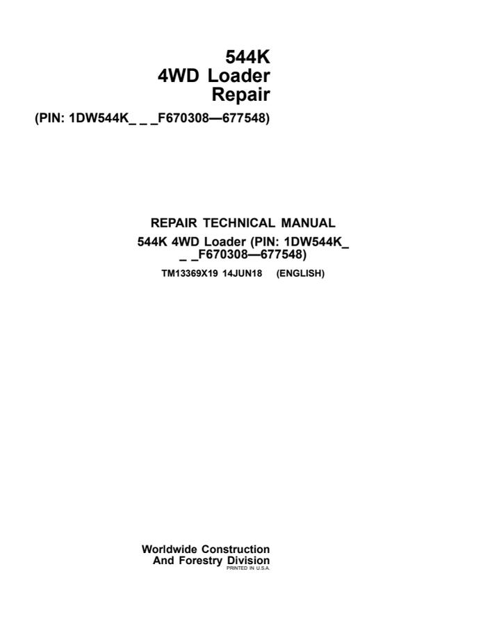 John Deere 544K 4WD Loader Repair Technical Manual TM13369X19 — actual manual cover
