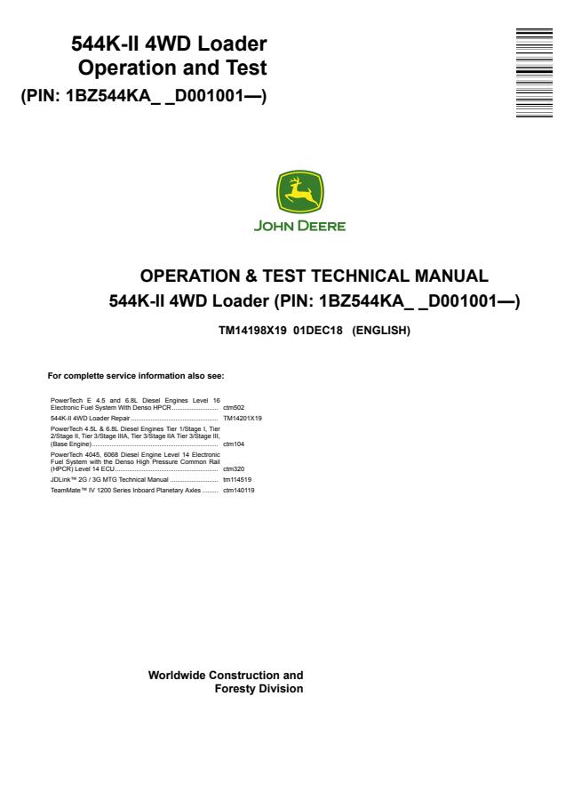 John Deere 544K-II 4WD loader Operation and test manual TM14198X19 — actual manual cover