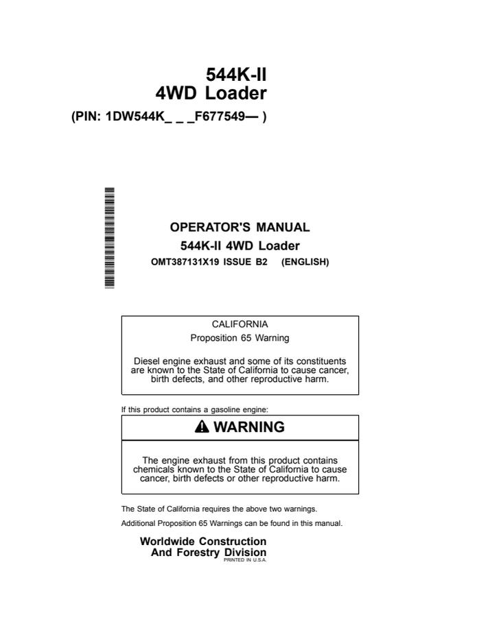 John Deere 544K-II 4WD loader Operator manual OMT387131X19 — actual manual cover