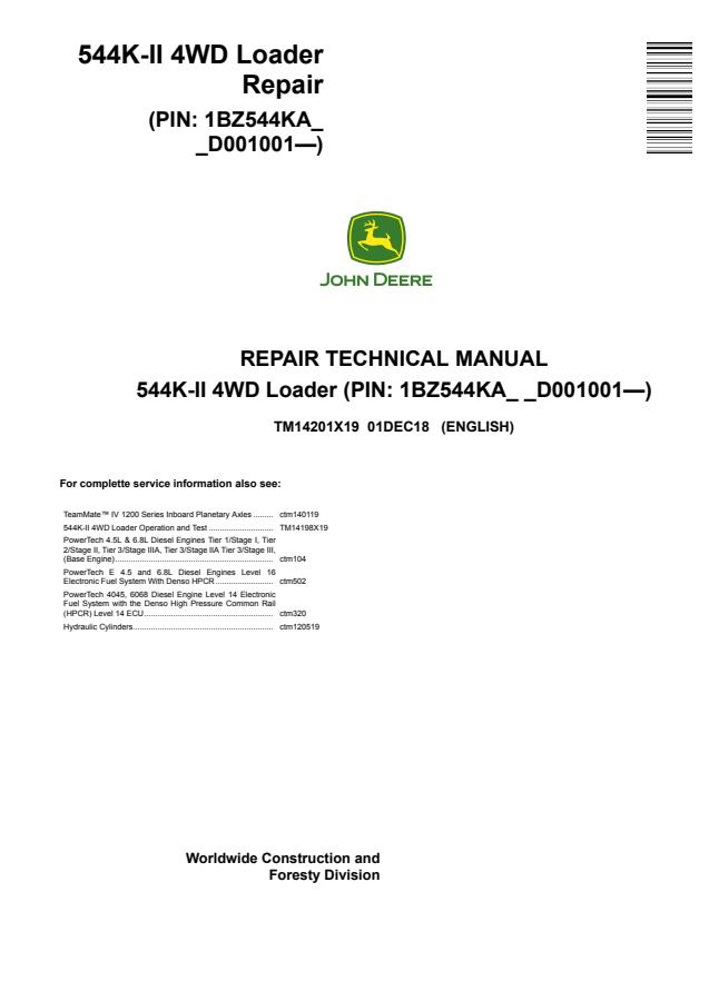 John Deere 544K-II 4WD Loader Repair Manual — actual manual cover