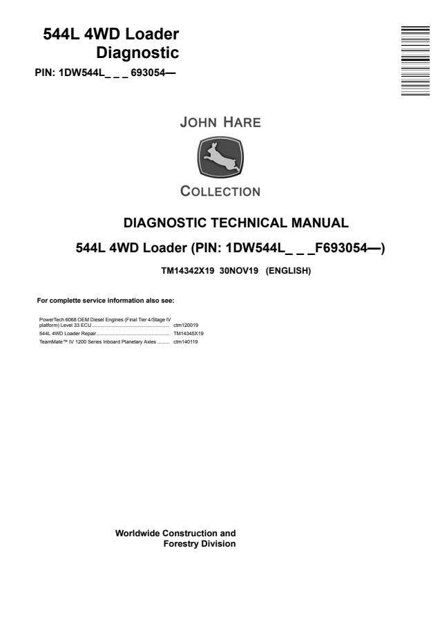 John Deere 544L 4WD Loader Diagnostic Technical Manual TM14342X19 — actual manual cover