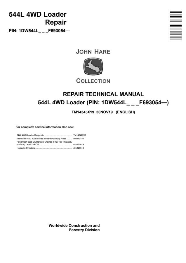 John Deere 544L Loader Repair technical manual TM14345X19 — actual manual cover