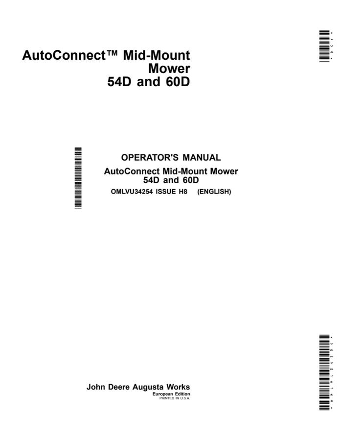 John Deere 54D; 60D Mid-mount mower Operator manual OMLVU34254 — actual manual cover