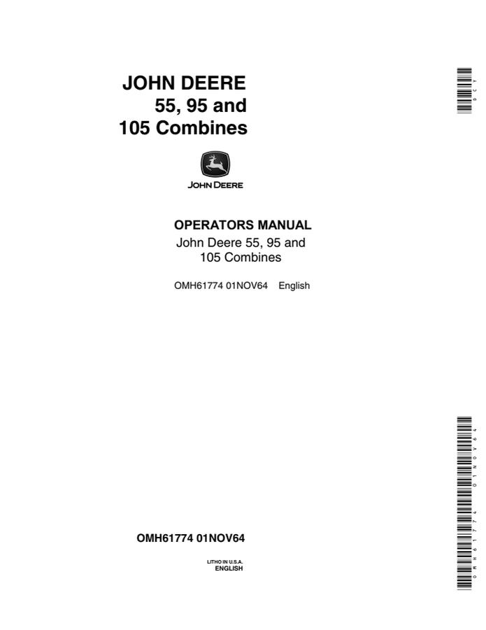John Deere 55; 95; 105 Combine Operator manual OMH61774 — actual manual cover