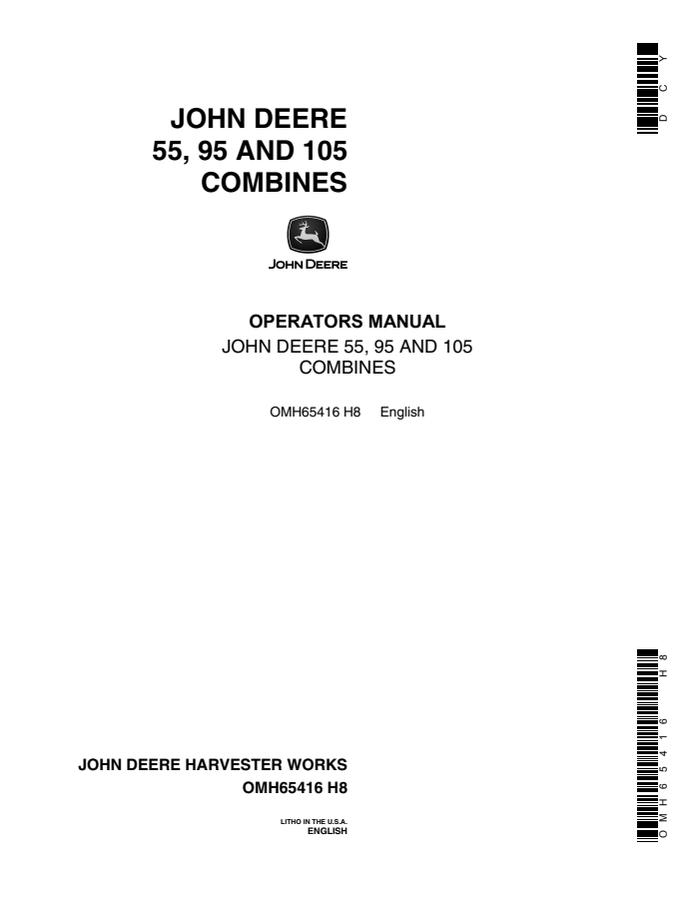 John Deere 55; 95; 105 Combine Operator manual OMH65416 — actual manual cover