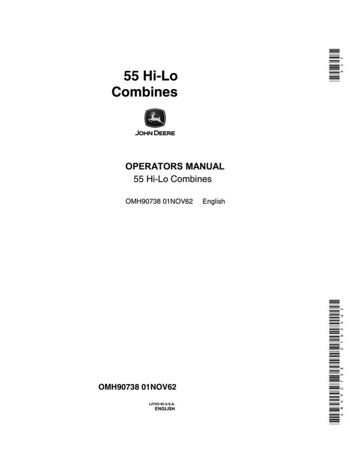 John Deere 55 Hi-Lo Combine Operator manual OMH90738 — actual manual cover