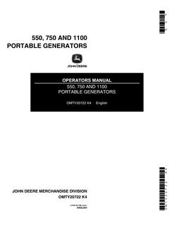 John Deere 550; 750; 1100 Portable generator Operator manual OMTY20722 — actual manual cover
